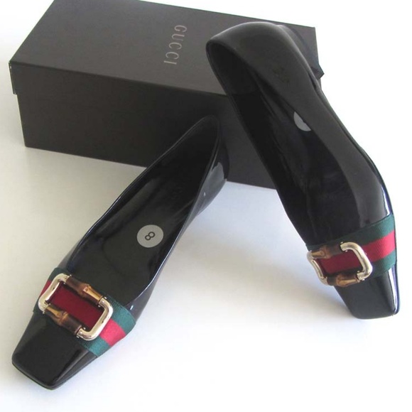 Gucci Shoes - Gucci Web Bamboo gold-tone buckle patent flats 8 B